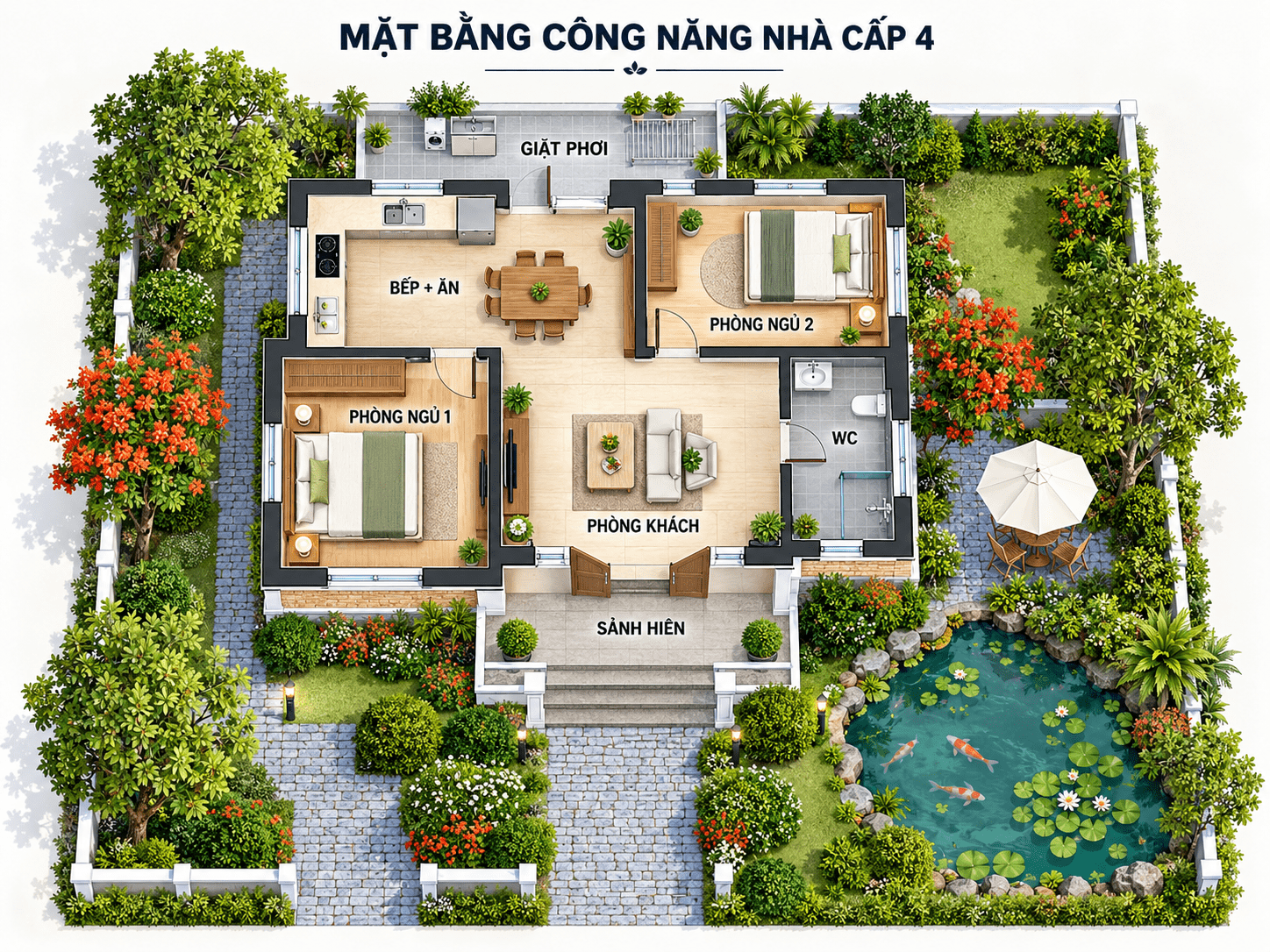 Mẫu mặt bằng công năng nhà cấp 4 mái Thái có ao, sân vườn thoáng mát