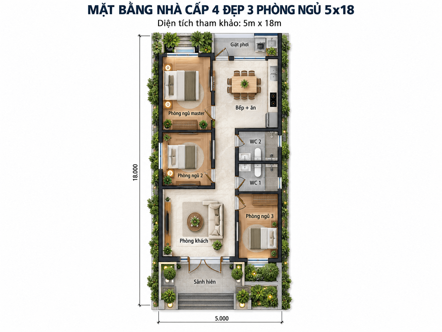 Mẫu mặt bằng tham khảo nhà cấp 4 đẹp 3 phòng ngủ 5x18m
