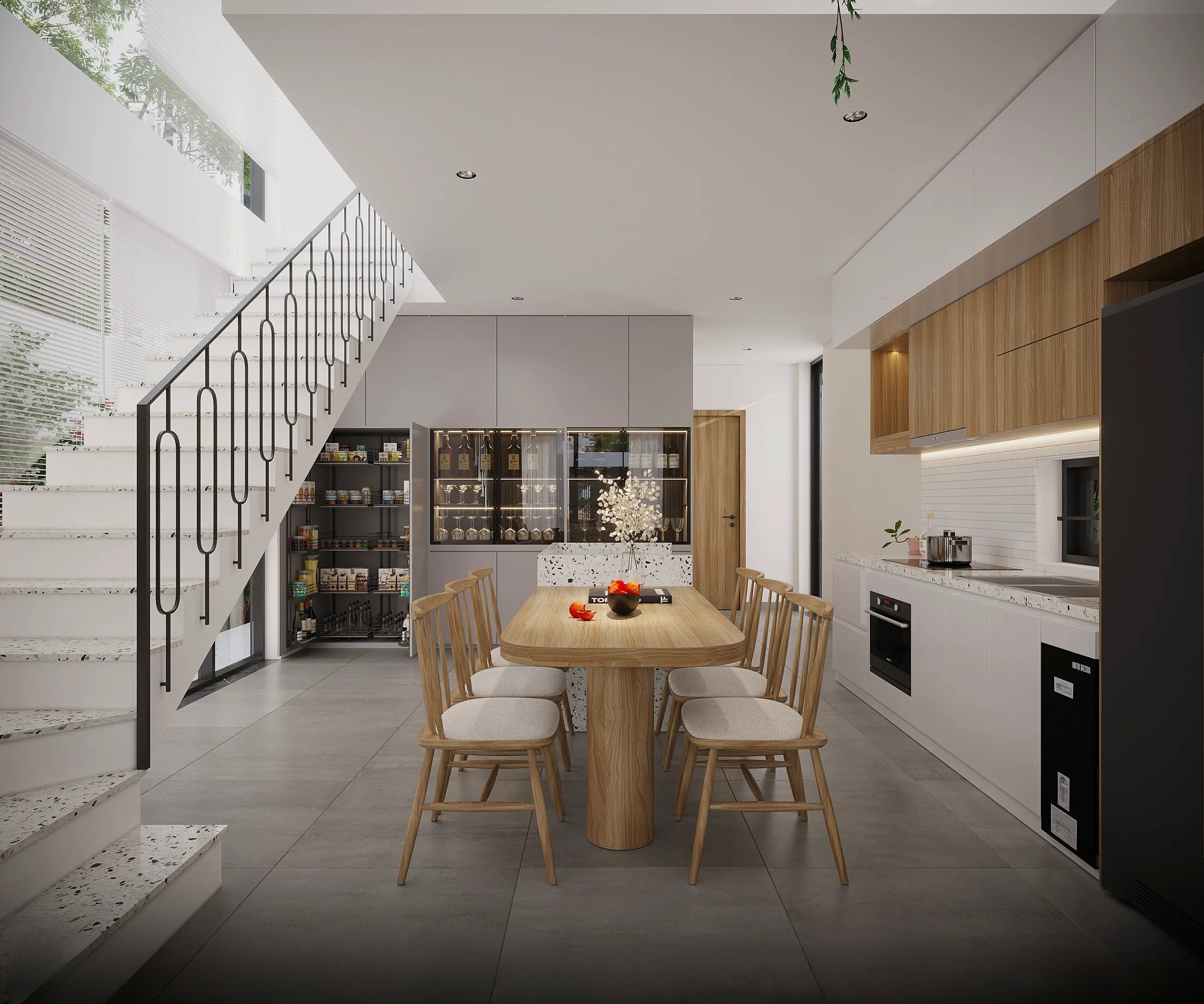 Phối cảnh không gian phòng bếp của mẫu nhà 2 tầng đẹp giá 700 triệu hiện đại