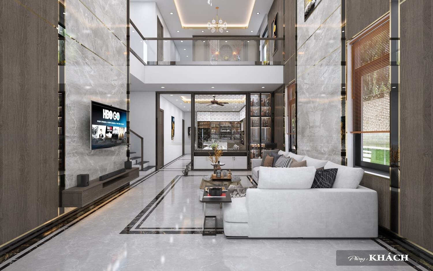 Phối cảnh không gian phòng khách của mẫu nhà 2 tầng đẹp giá 700 triệu hiện đại