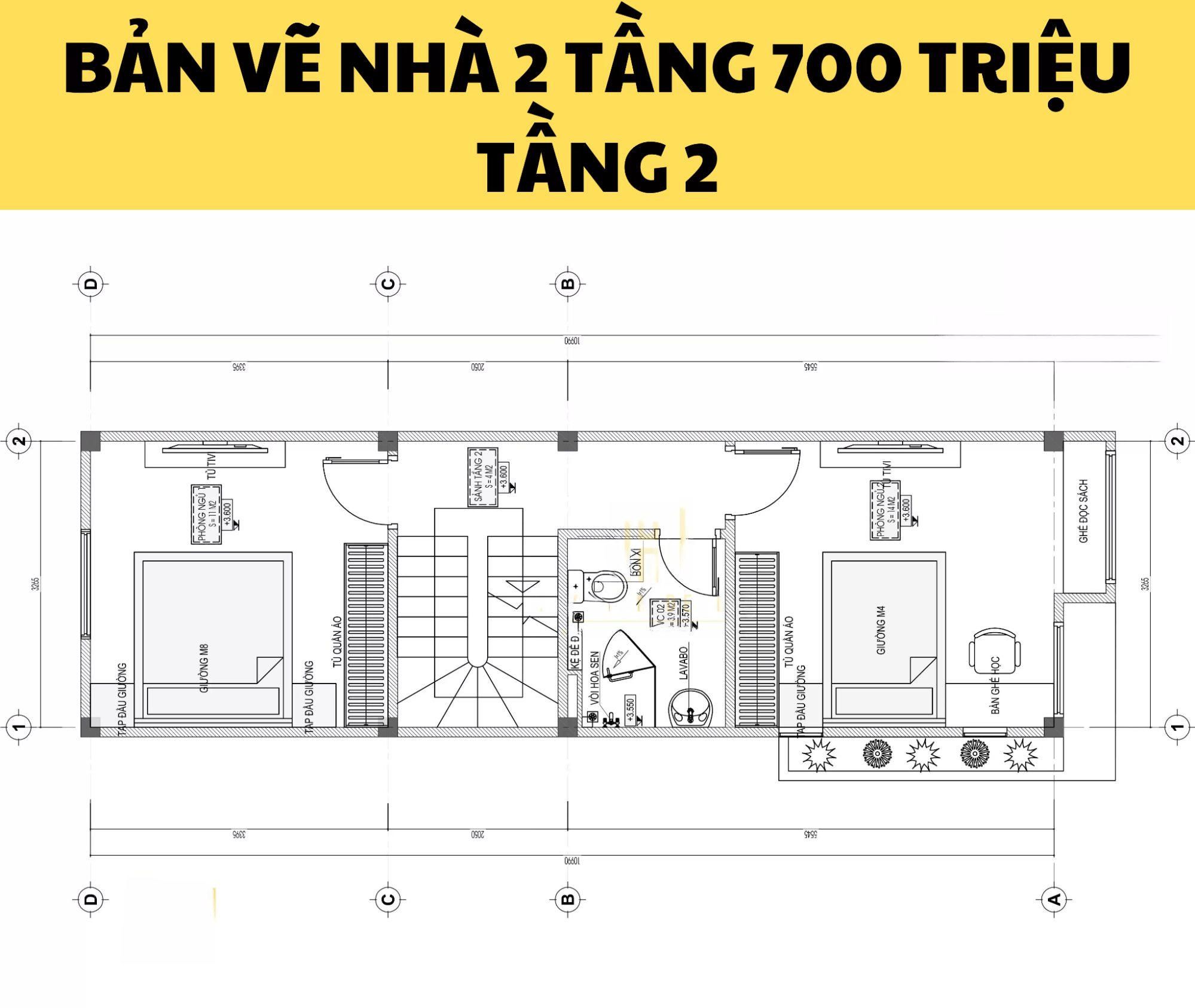 Bản vẽ nhà 2 tầng đẹp giá 700 triệu tiện nghi: Tầng 2