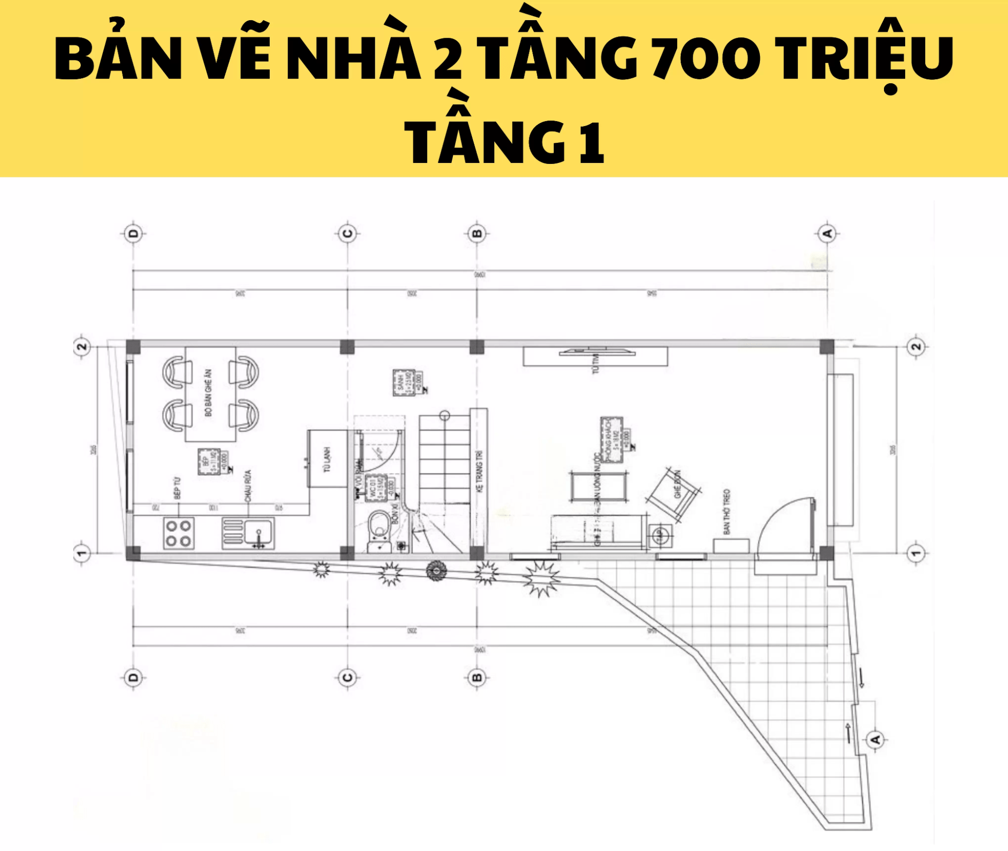 Bản vẽ nhà 2 tầng đẹp giá 700 triệu đầy đủ công năng: Tầng 1