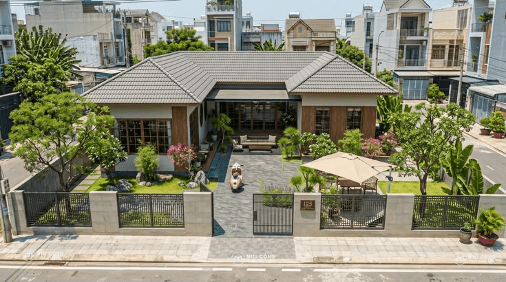 Mẫu nhà cấp 4 chữ L 100m² mái Nhật có sân vườn xanh ngát