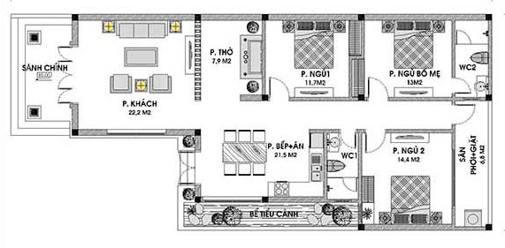 Mẫu nhà cấp 4 chữ L 3 phòng ngủ có phòng thờ liền kề phòng khách