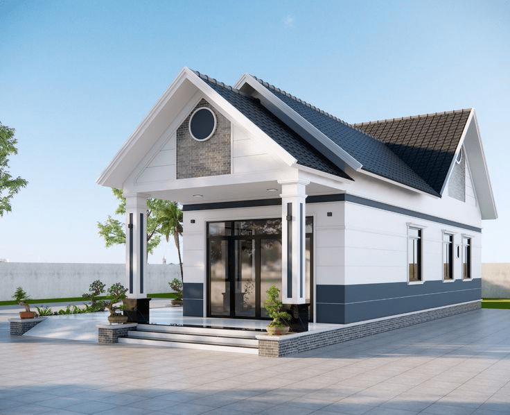 Mẫu nhà cấp 4 chữ L có gác lửng mái Thái giật cấp