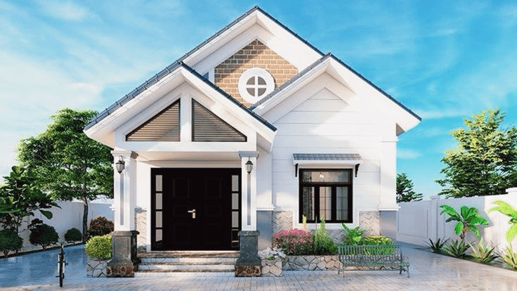 Mẫu nhà cấp 4 chữ L có gác lửng và cửa sổ thông gió nhỏ hình tròn