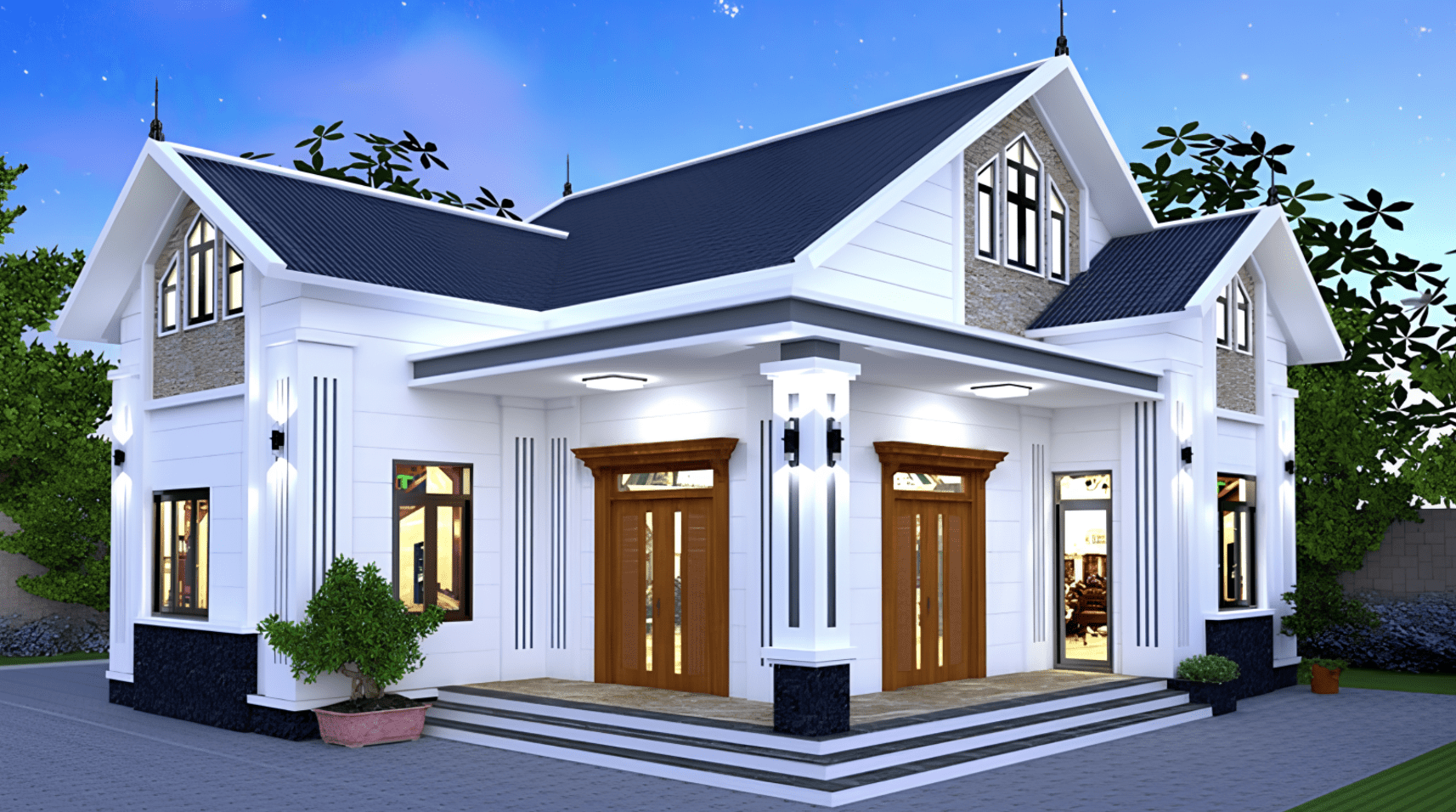 Mẫu nhà cấp 4 chữ L có sân vườn sở hữu hệ thống đèn chiếu sáng ấm cúng 