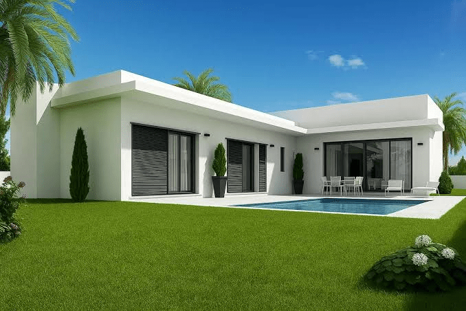 Mẫu nhà cấp 4 chữ L mái bằng 4 phòng ngủ có hồ bơi