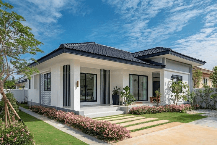Mẫu nhà cấp 4 chữ L mái Nhật có sân vườn thoáng đãng