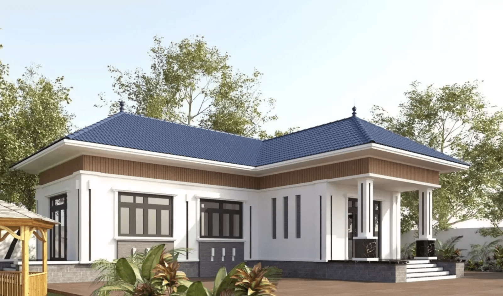 Mẫu nhà cấp 4 chữ L mái Nhật có sảnh chính lớn