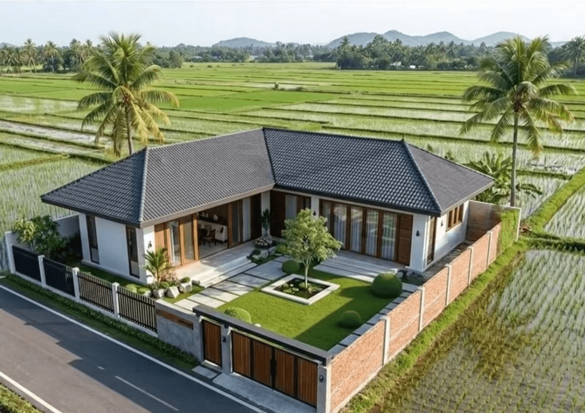 Mẫu nhà cấp 4 chữ L mái Nhật với hệ cửa gỗ đơn giản, mộc mạc