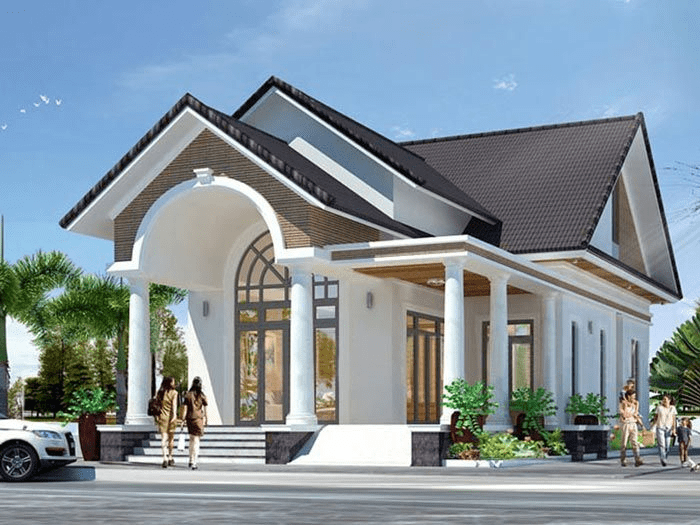 Mẫu nhà cấp 4 chữ L mái Thái nổi bật với kiến trúc giật cấp