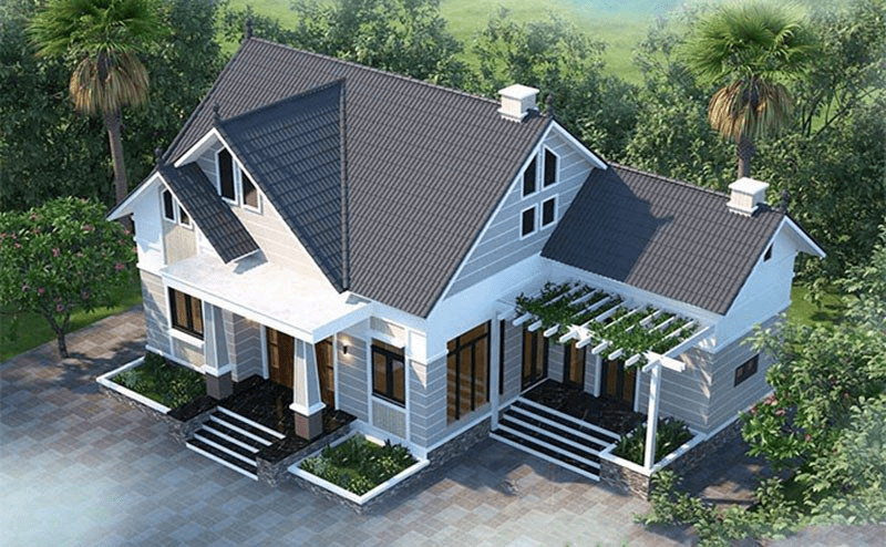 Mẫu nhà cấp 4 chữ L mái tôn có phần gác lửng lớn với nhiều cửa sổ bố trí xung quanh