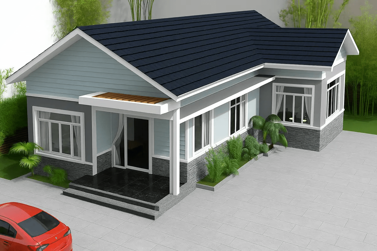 Mẫu nhà cấp 4 chữ L mái tôn được trang trí với nhiều cây xanh