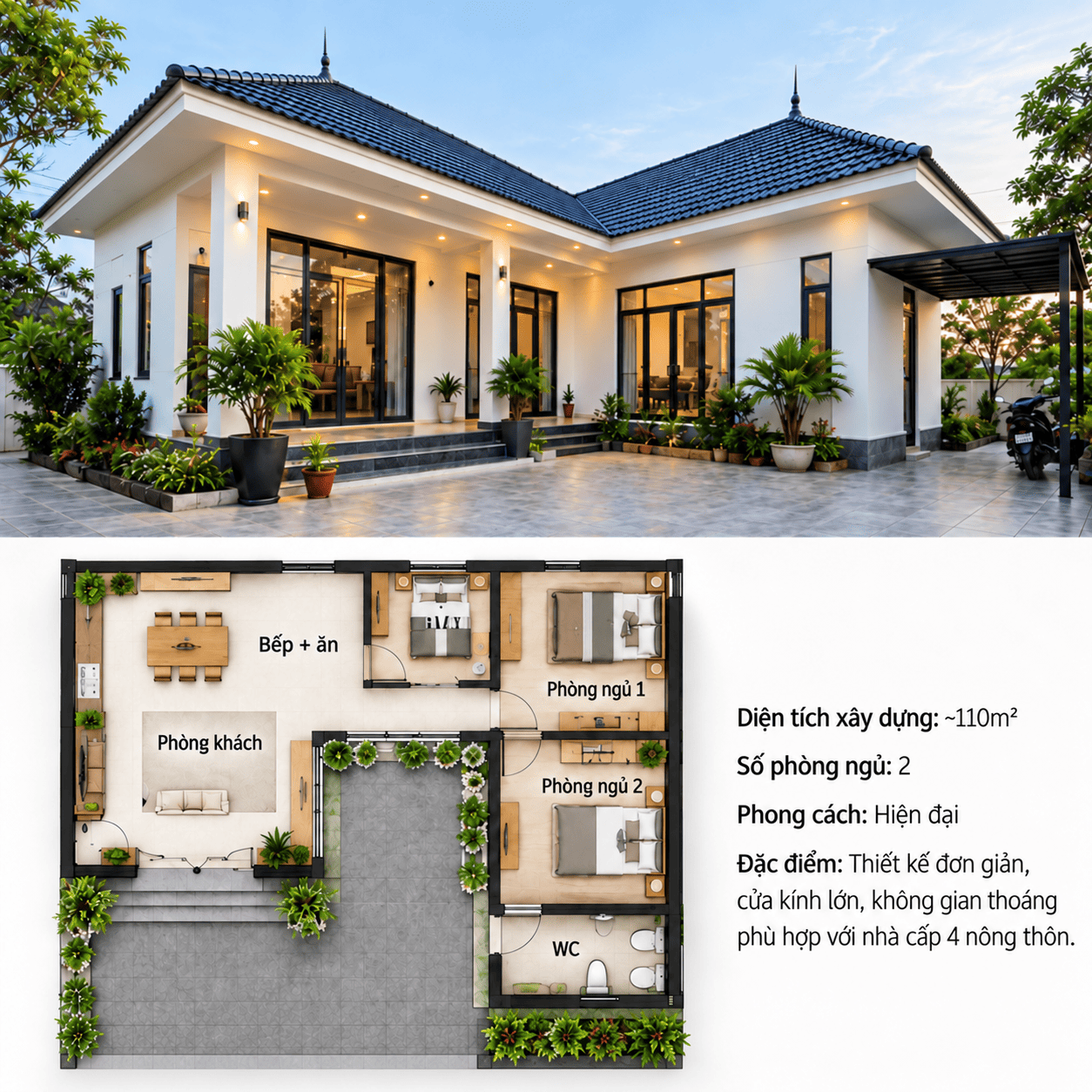 nhà cấp 4 chữ L nông thôn có sân vườn