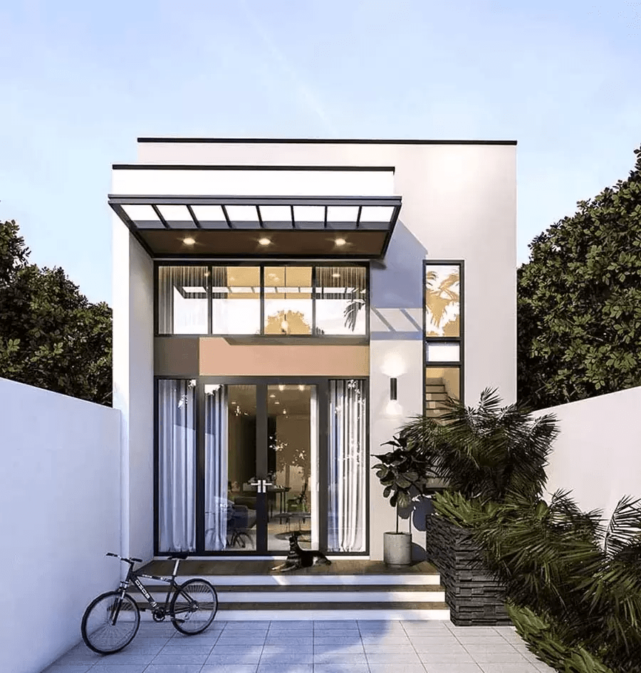 Mẫu nhà cấp 4 đẹp giá rẻ 100 triệu có trần thạch cao phẳng và cửa kính lớn giúp tận dụng ánh sáng tự nhiên