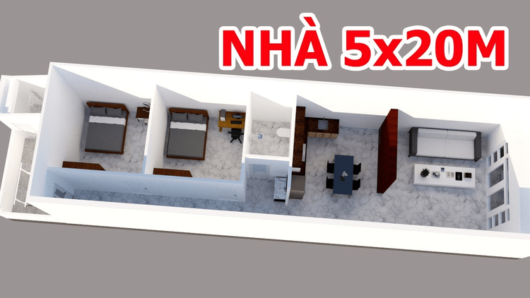 Mẫu nhà cấp 4 mái bằng 5x20 2 phòng ngủ