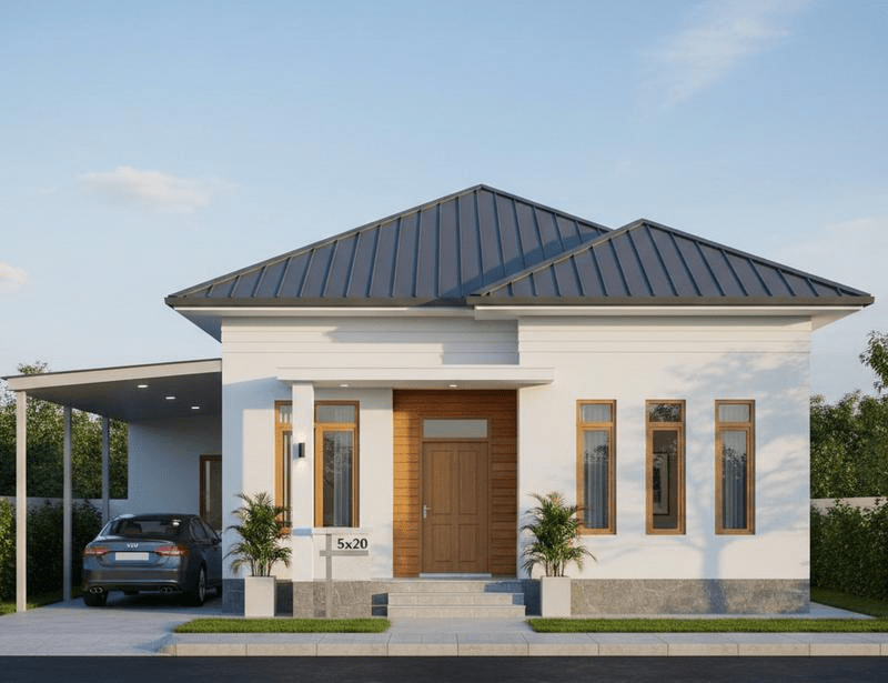Mẫu nhà cấp 4 mái tôn 5x20 có sân trước bố trí chỗ để xe