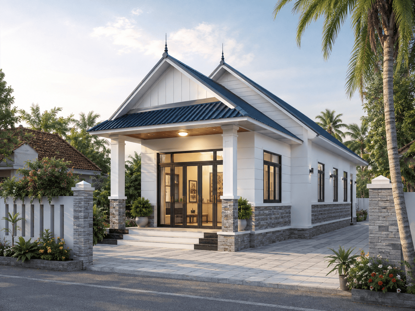 mẫu nhà cấp 4 mái tôn 5x20 mái dốc