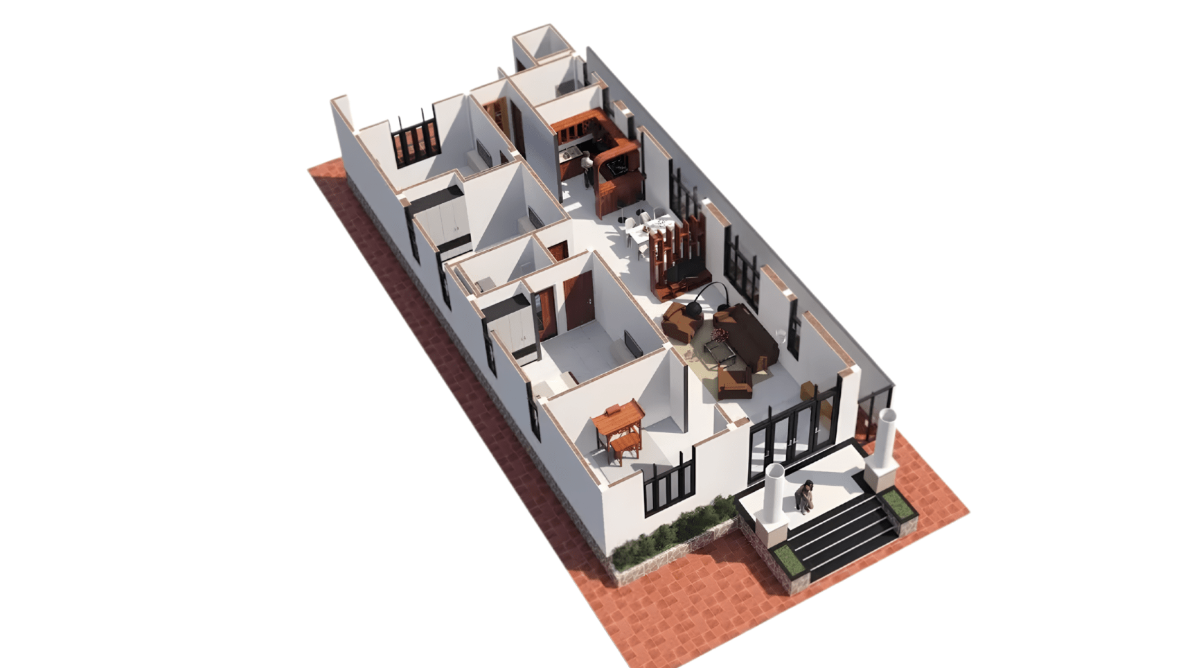 Mẫu nhà chữ L cấp 4 100m2 với phòng khách lớn 