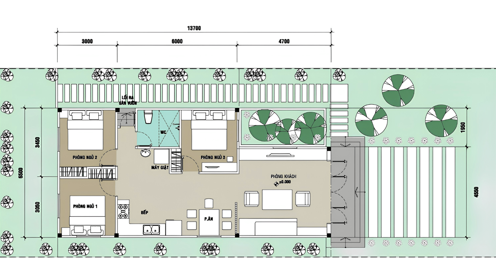 Mẫu nhà chữ L cấp 4 80m2 3 phòng ngủ 