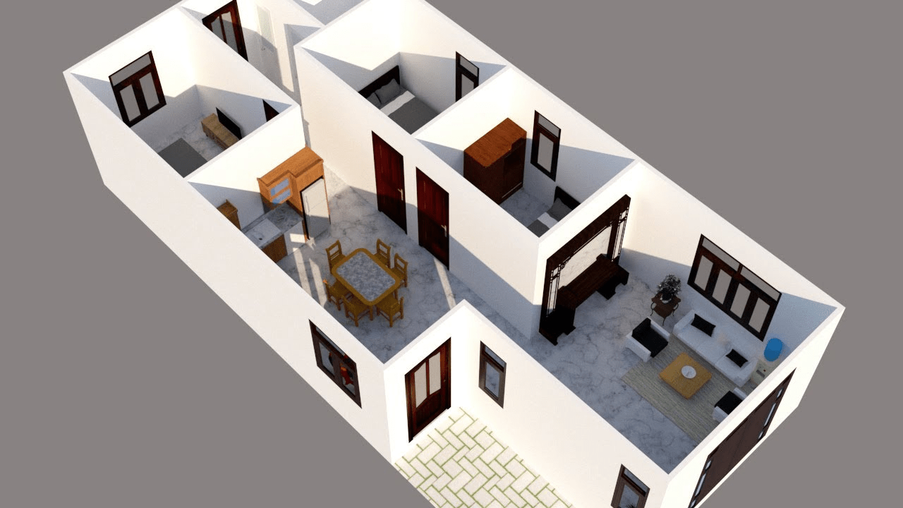 Mẫu nhà chữ L cấp 4 80m2 có phòng khách liền kề bếp