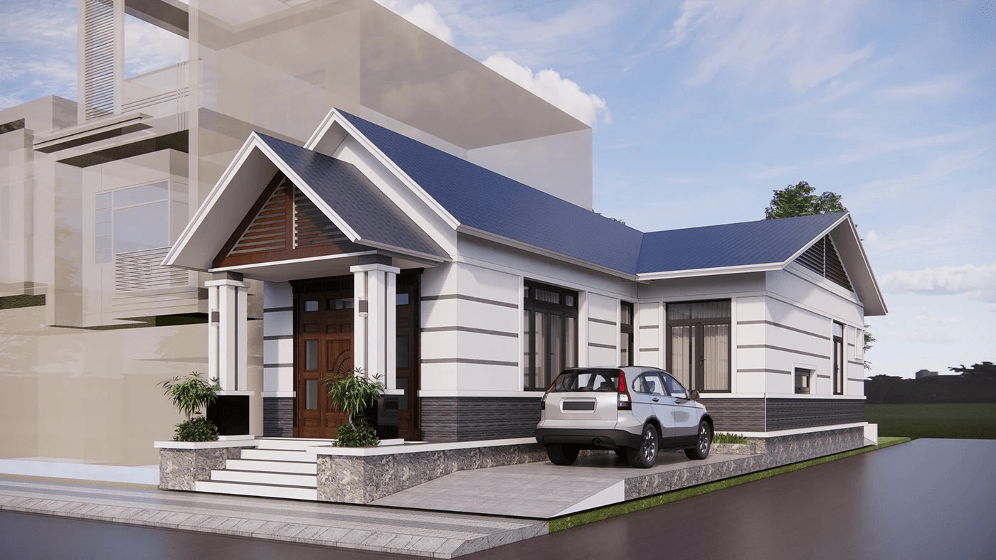 Mẫu nhà chữ L cấp 4 đơn giản có gác lửng 