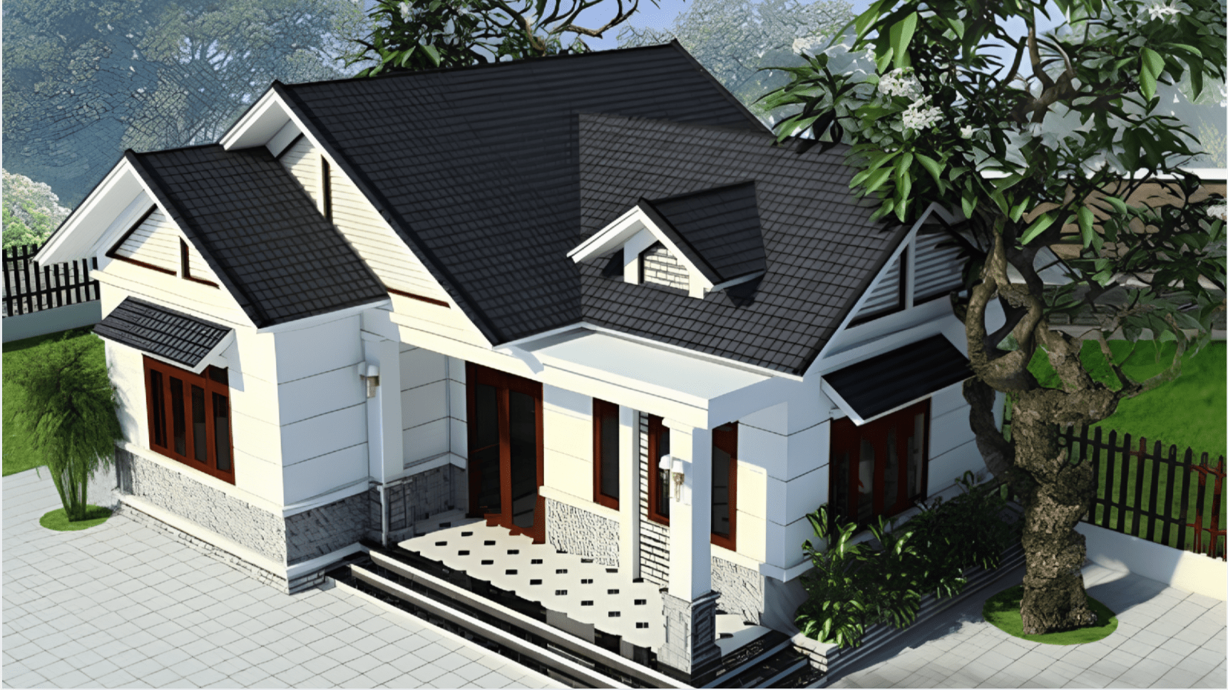 Mẫu nhà chữ L cấp 4 đơn giản có hành lang nhỏ 