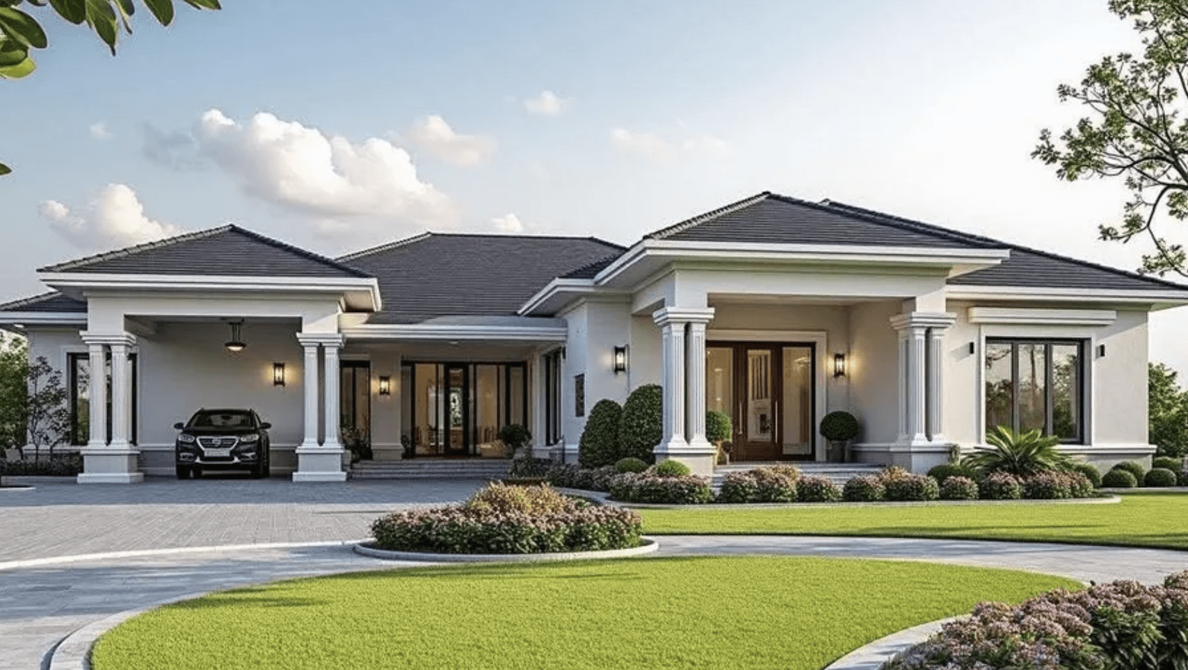 Mẫu nhà chữ L cấp 4 kiểu biệt thự mái Nhật màu xám 