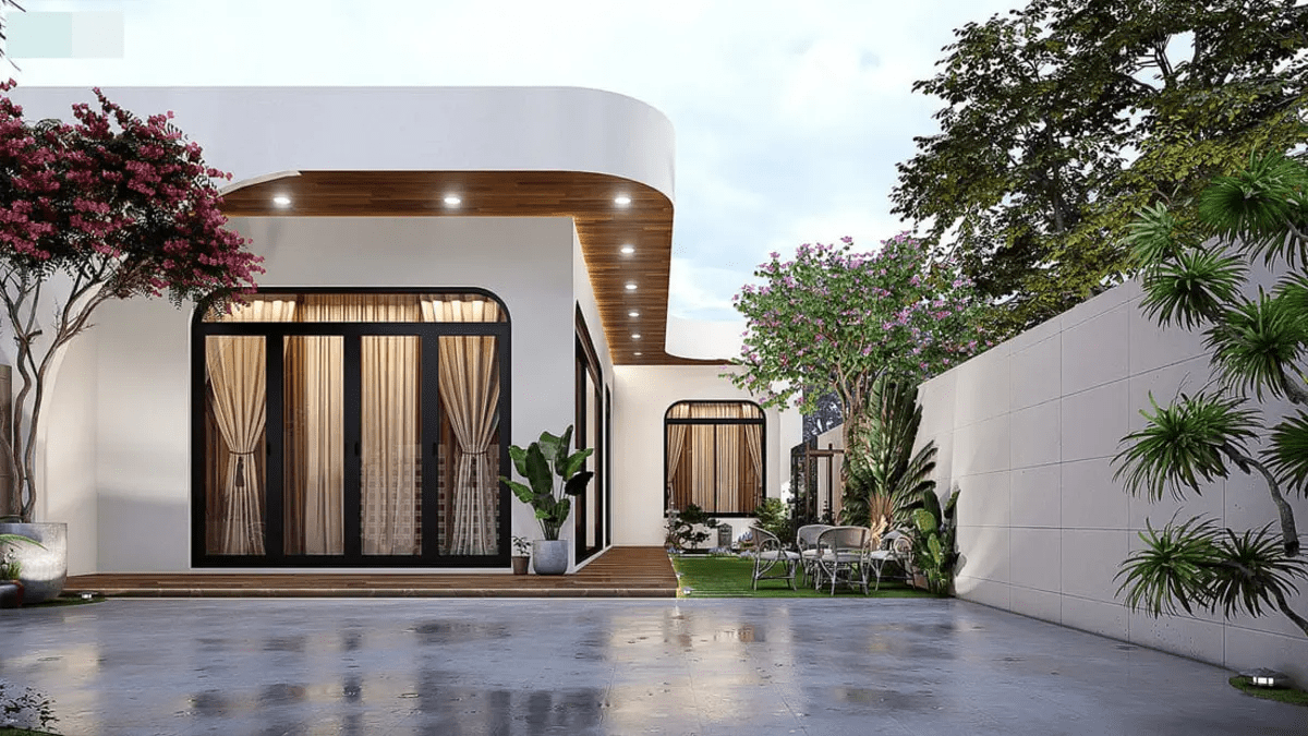 Mẫu nhà chữ L cấp 4 mái bằng phong cách tân cổ điển