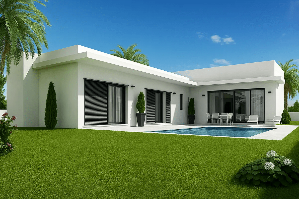 Mẫu nhà chữ L cấp 4 mái bằng với tông trắng chủ đạo 