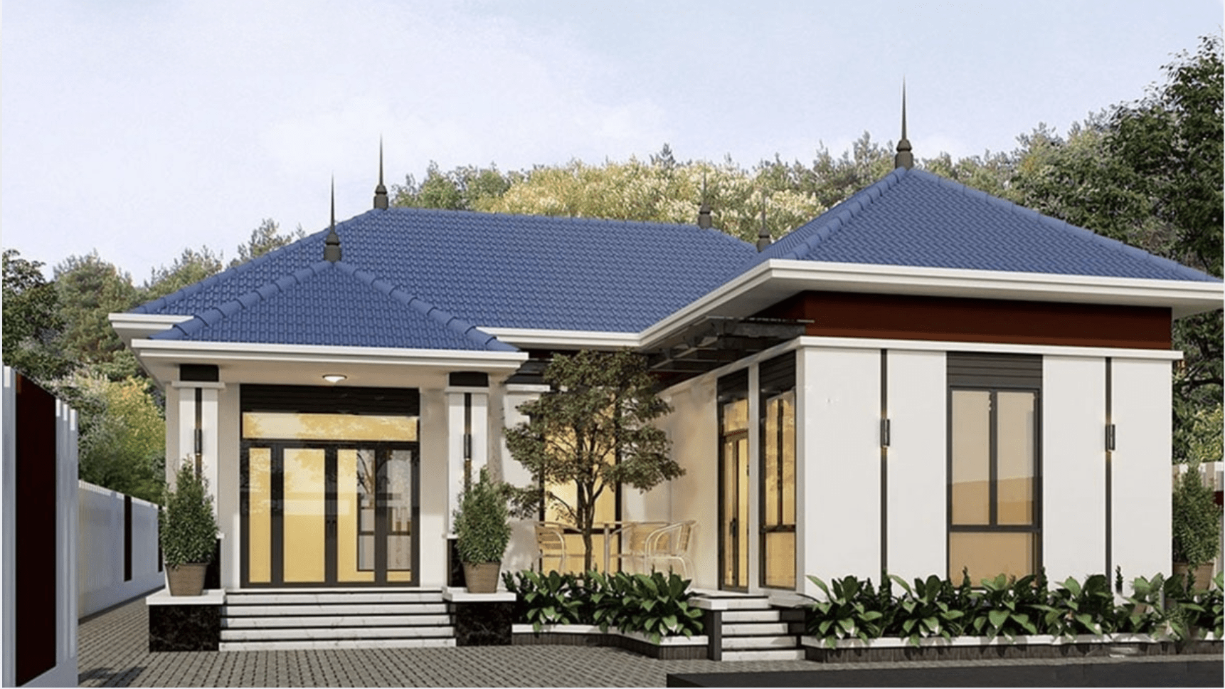 Mẫu nhà chữ L cấp 4 mái Nhật có nhiều cây xanh 