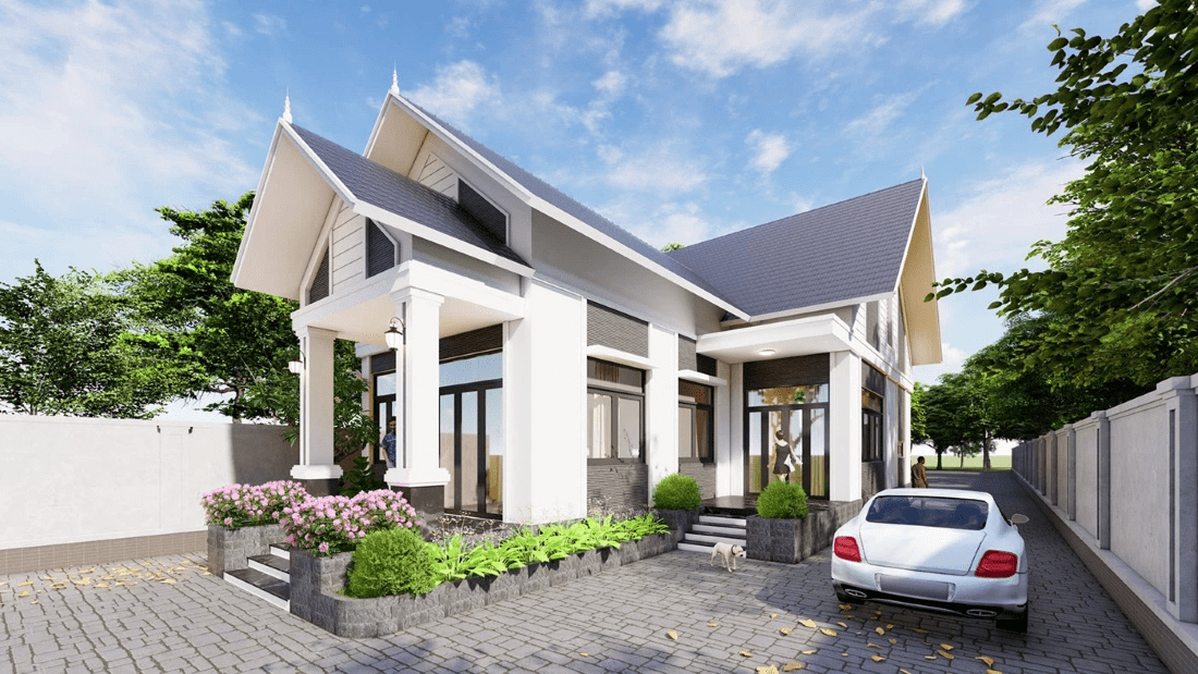 Mẫu nhà chữ L cấp 4 mái Thái có bậc hiên nhà cao thoáng 