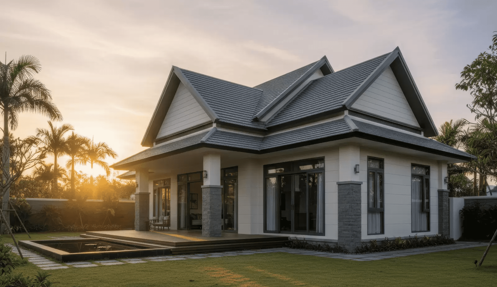 Mẫu nhà chữ L cấp 4 mái Thái với tông xám - trắng chủ đạo 