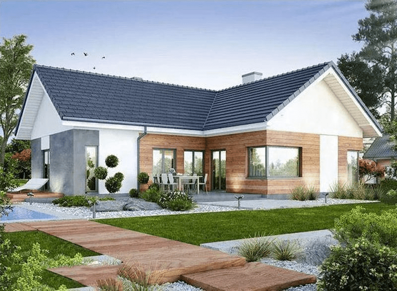Mẫu nhà chữ L cấp 4 mái tôn phong cách Châu Âu 