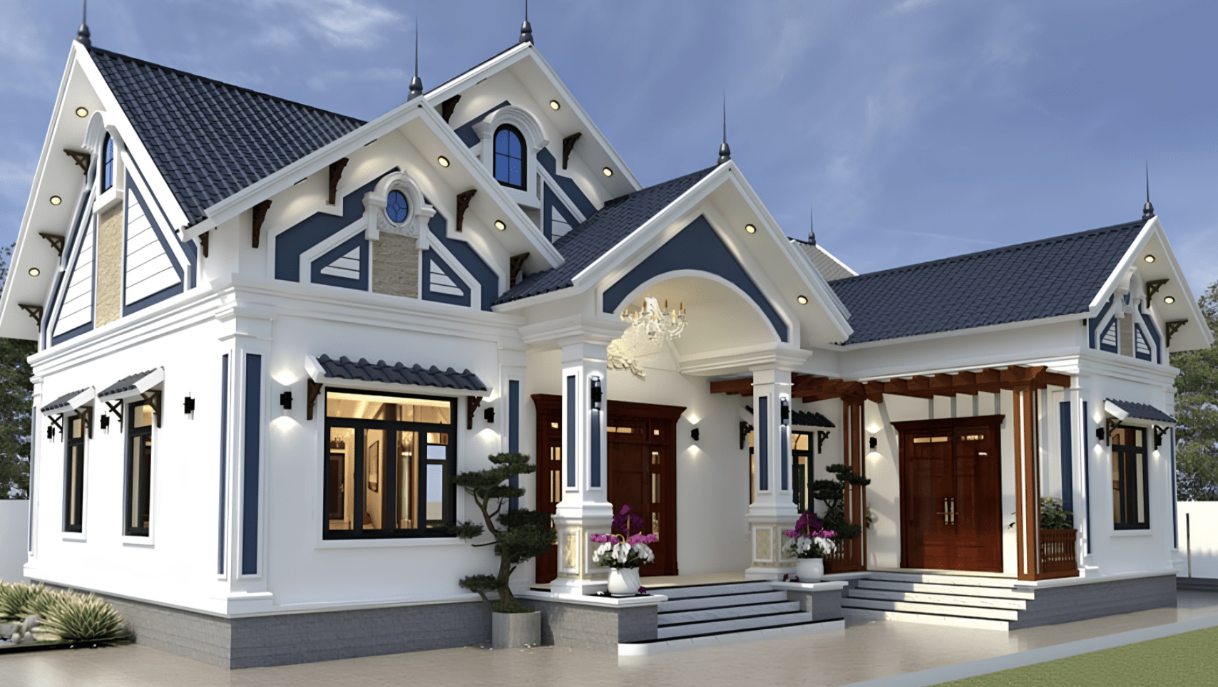 Mẫu nhà chữ L cấp 4 tân cổ điển với phần gác xép rộng, nhiều cửa sổ 