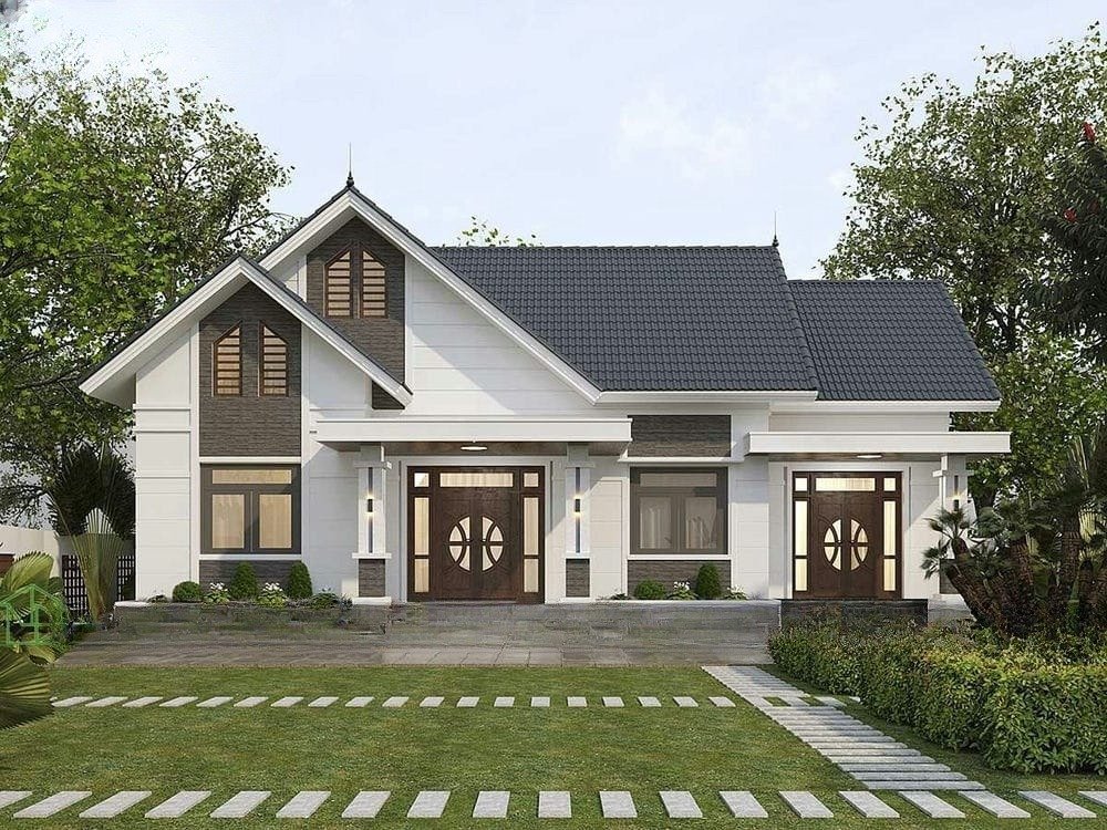 Sự kết hợp hoàn hảo giữa mái Thái hiện đại và cửa gỗ truyền thống ấn tượng