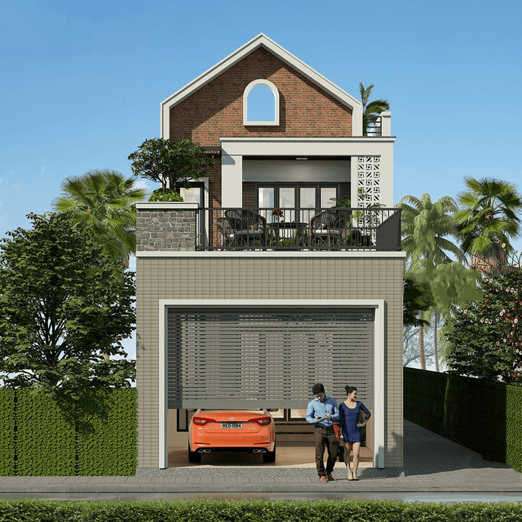 Mẫu nhà ống 2 tầng có gara đậu xe trước nhà
