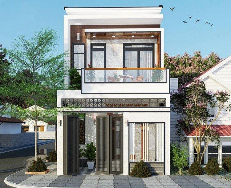 Mẫu nhà ống 2 tầng hiện đại với cây cảnh xung quanh