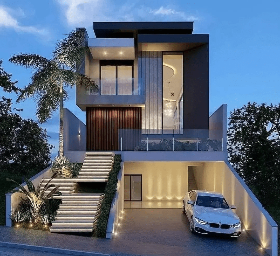 Mẫu nhà ống 2 tầng mặt tiền 8m có thiết kế hầm đỗ xe