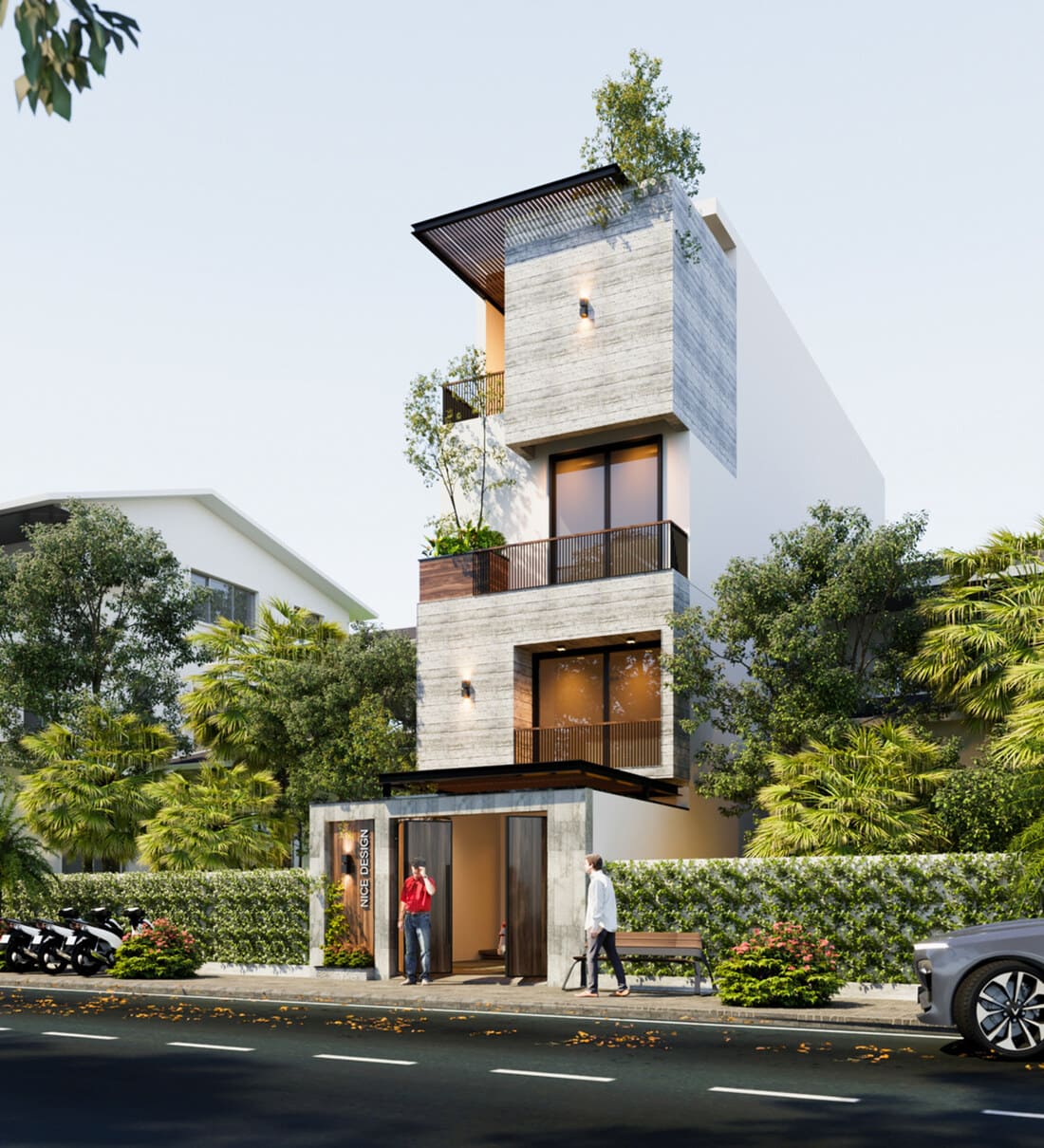 Mẫu nhà ống 3 tầng có sân vườn xanh mát hòa hợp với tự nhiên