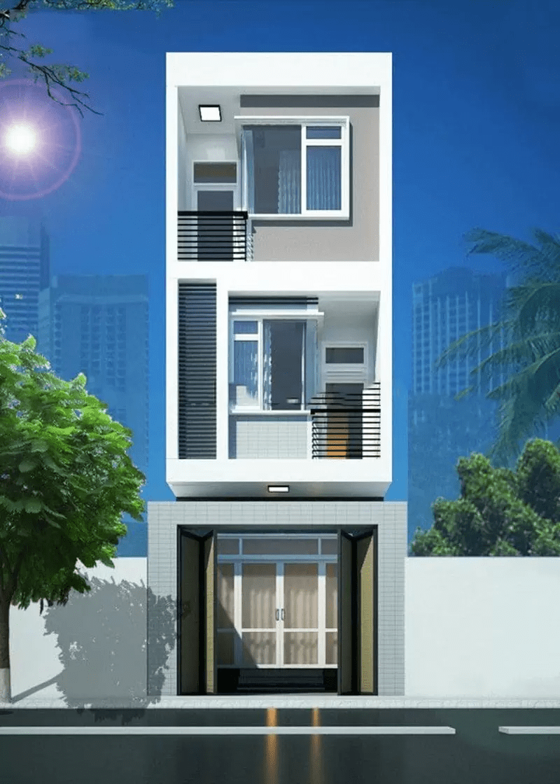 Mẫu nhà ống 3 tầng mặt tiền 4m hiện đại tone xám - trắng phối cảnh