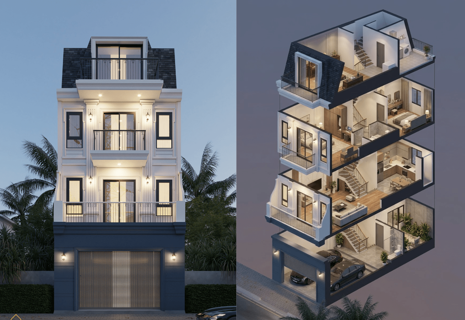 Mẫu nhà ống 4 tầng đẹp hiện đại có gara ô tô