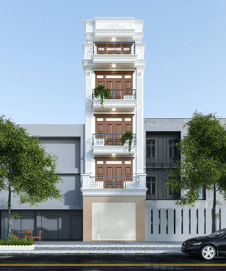 Mẫu nhà ống 5 tầng có thang máy phong cách tân cổ điển