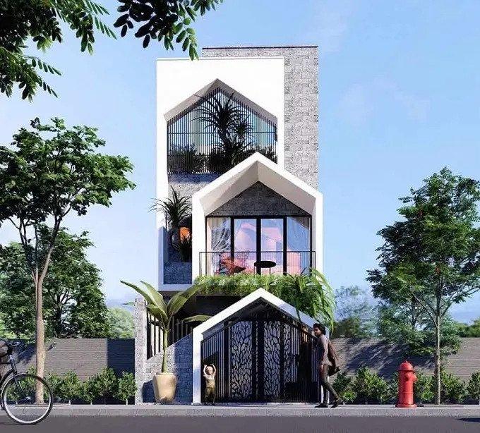 Mẫu nhà ống đẹp 3 tầng 5m với cửa kính để tận dụng ánh sáng tự nhiên