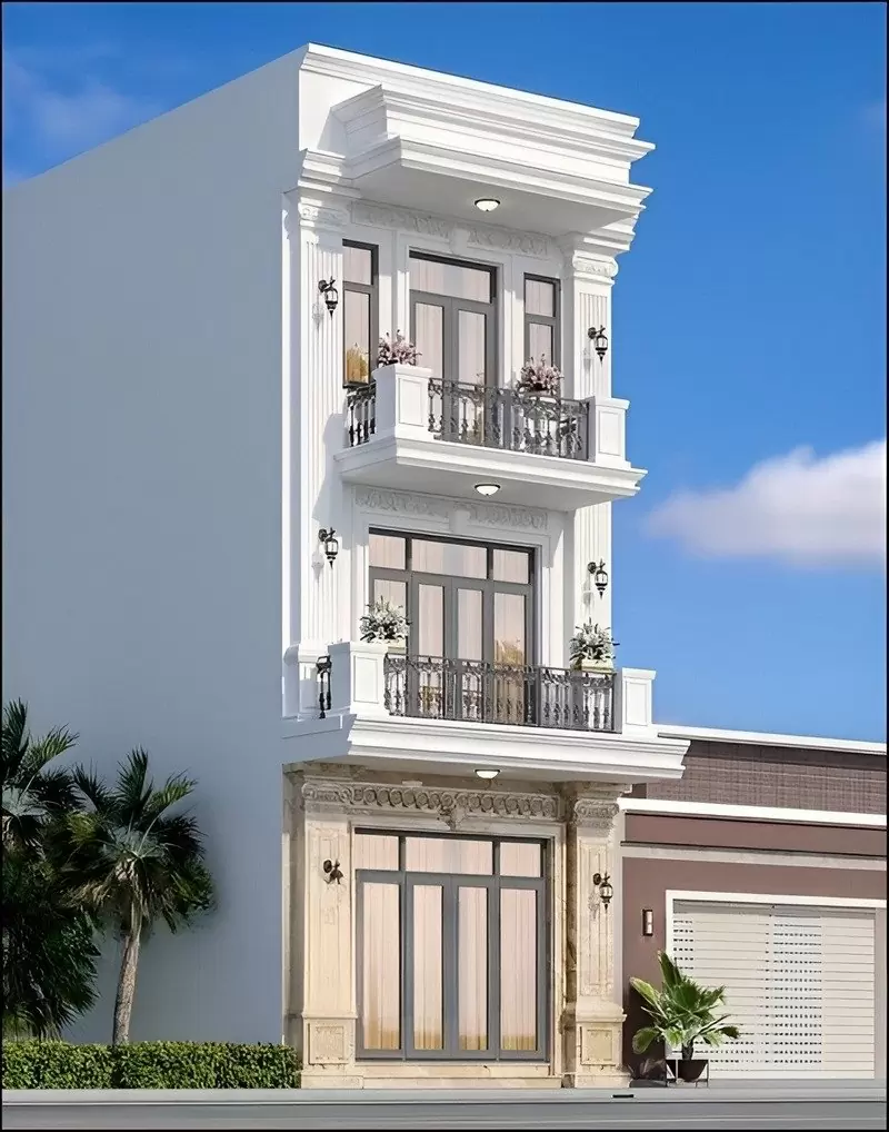 Thiết kế nhà ống 3 tầng phong cách tân cổ điển với gam màu trắng hiện đại