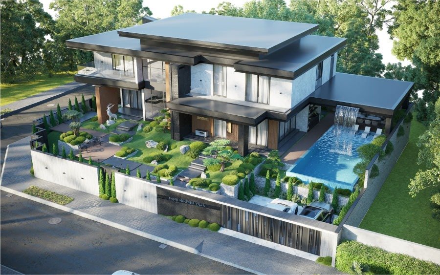 Mẫu nhà vườn đẹp 2 tầng mái bằng hiện đại