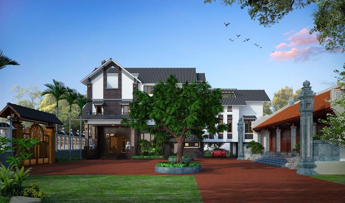 Mẫu nhà vườn đẹp mái Thái 3 tầng thiết kế sân vườn rộng rãi, thoáng đẹp