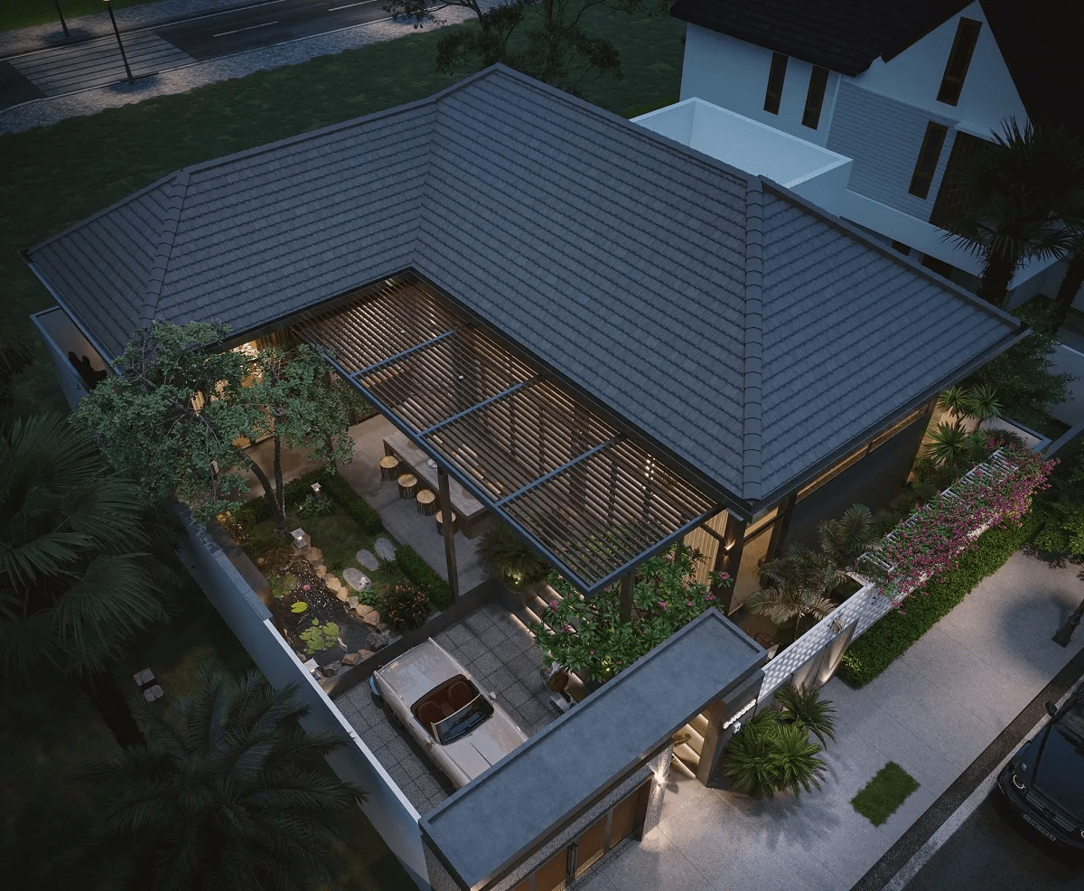 Mẫu nhà vườn cấp 4 chữ L mái Nhật ở thành thị