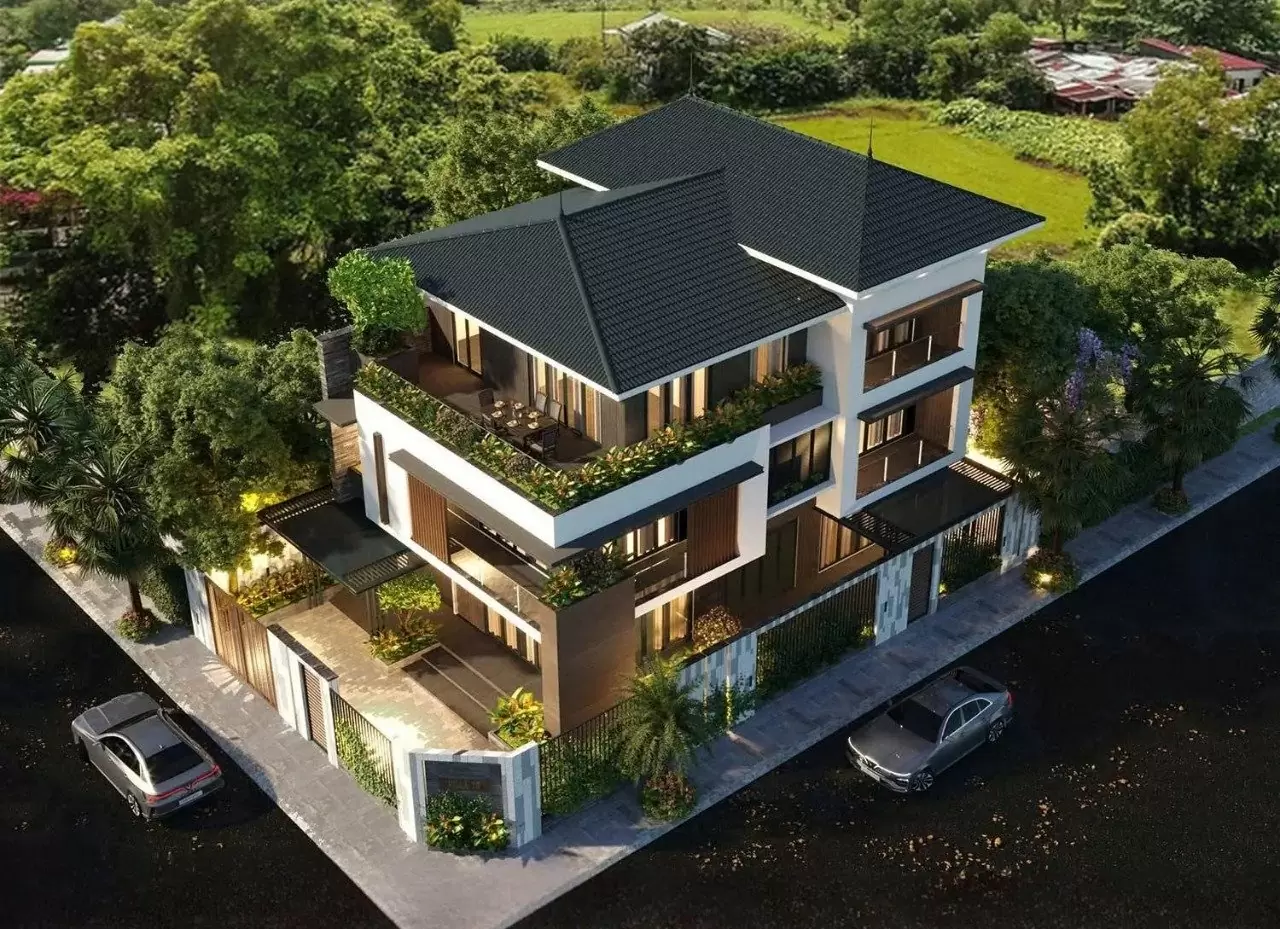 Thiết kế nhà vườn đẹp mái Nhật 3 tầng với sân vườn hiện đại